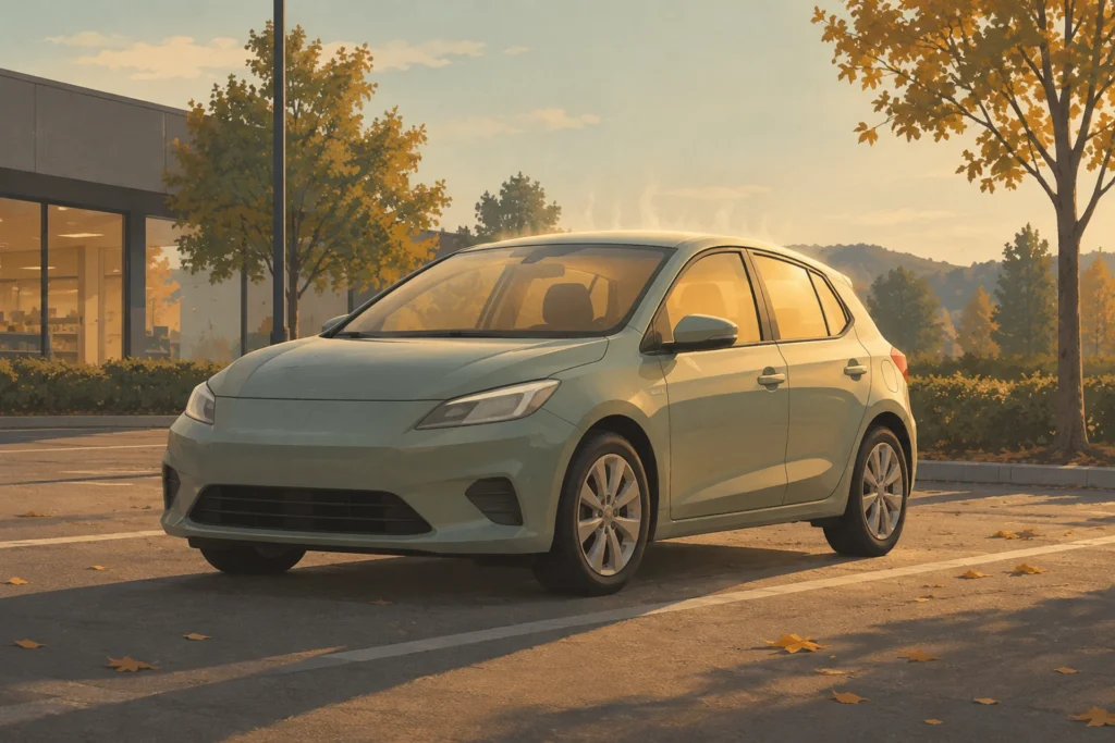An unbranded hatchback parked alone in a quiet car park on a mild autumn afternoon, empty of people and animals, with low sun striking the glass and the cabin behind it glowing warm amber against the cool sage and grey of the trees and sky outside.