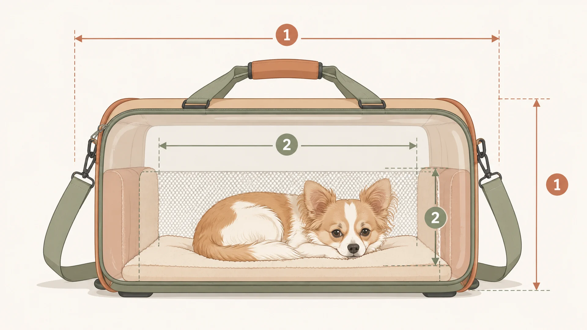 Cutaway diagram of a soft-sided pet carrier with a small dog curled inside, showing the full outside width and height marked one and the noticeably smaller usable interior space marked two, with the padded walls and base taking up the difference.