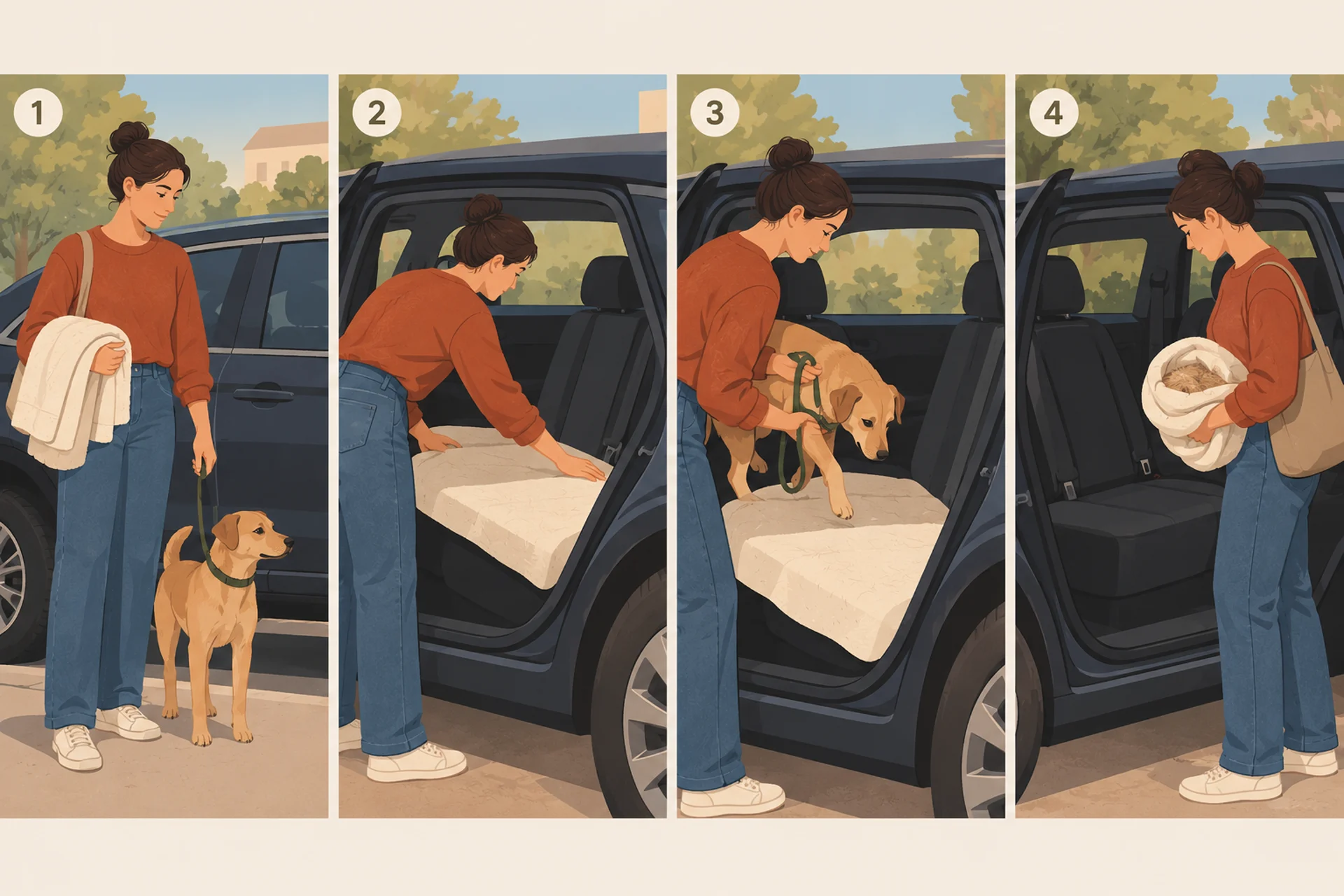 A four-panel strip numbered one to four beside an unmarked dark car: one, the owner stands on the pavement with a folded cream blanket over one arm and a small tan dog on a short lead; two, they lean in and spread the blanket flat across the rear bench seat; three, they lower the dog onto the middle of the blanket with the lead gathered short in one hand; four, they step back out carrying the blanket bundled up with the loose hair inside it, the bare rear seat clean behind them.