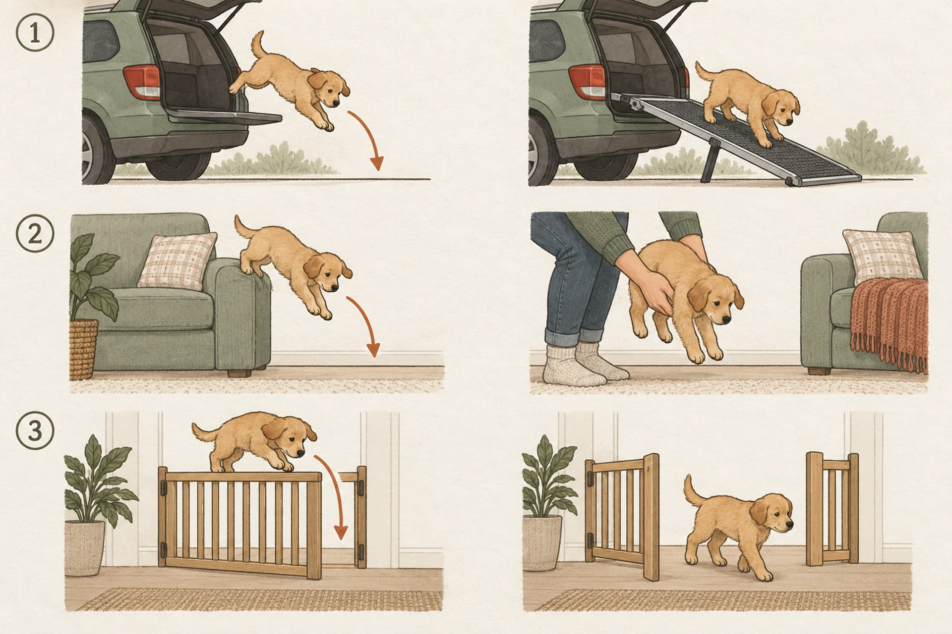 Flat editorial illustration contrasting two columns: on the left, circled markers showing a puppy dropping from a car tailgate, from a sofa and over a low gate, each drop drawn as a downward arrow ending at a hard floor line; on the right, the same three moments replaced by a folded ramp leaning on the tailgate, two supporting hands under the chest and hindquarters, and a closed gate the puppy walks around.