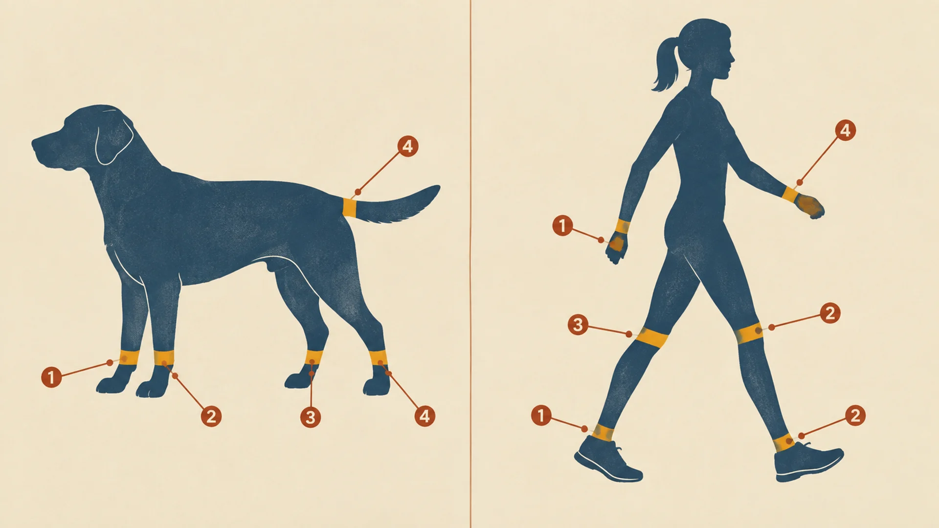 Two side-view silhouettes on a cream background. On the left a dog with bright bands low on each leg and one at the base of the tail. On the right a walking person with bands at both ankles, both knees and both wrists. Thin leader lines with small circled numerals point to each band.
