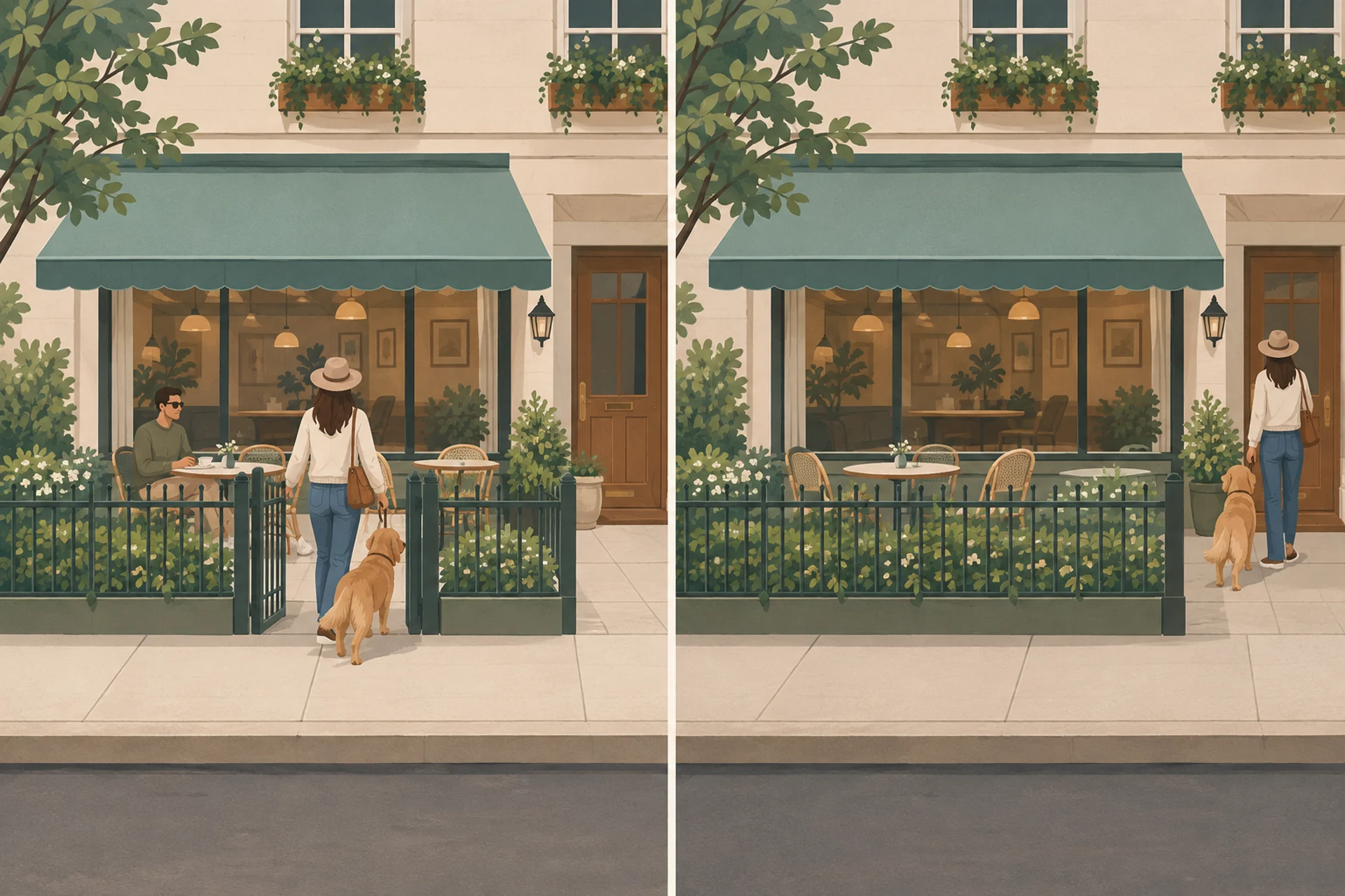 Two near-identical restaurant terraces seen from the street: the left one has its own garden gate opening onto the pavement, and a person walks a dog straight in to a table; the right one has an unbroken fence, so the only route is the indoor front door, and the person with the dog is turning away from it.