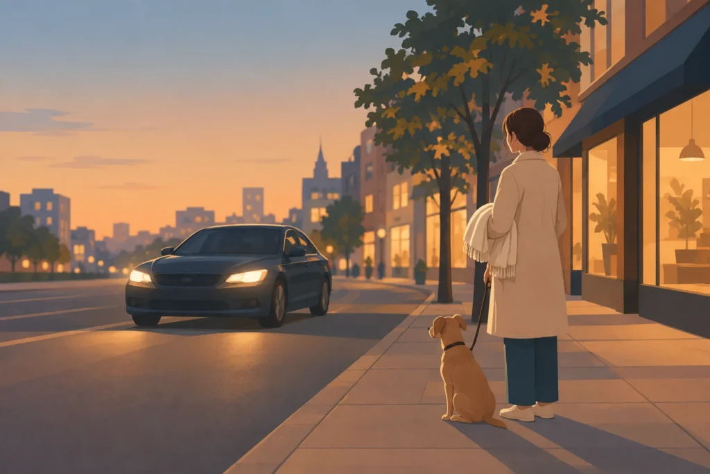 A person in a light coat waits on a city pavement at dusk with a folded cream blanket under one arm and a small tan dog sitting at their feet on a short lead, while an unmarked dark saloon car approaches the kerb with its headlights on.