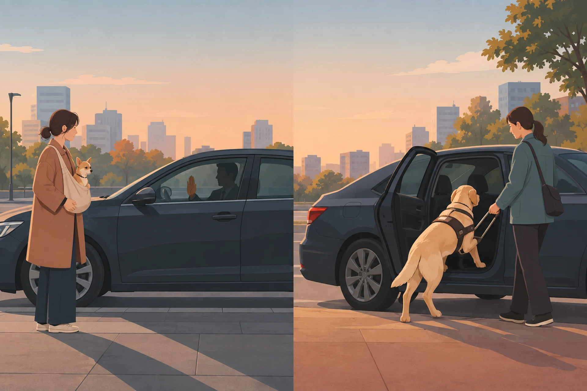 Two kerbside scenes side by side at dusk. On the left, a person holding a small tan dog in a shoulder sling stands beside an unmarked dark car with every door closed, the driver visible through the window with one hand raised in refusal. On the right, the same kind of car has its rear door wide open and a yellow labrador in a rigid-handle guide harness steps up into the back seat ahead of its handler.