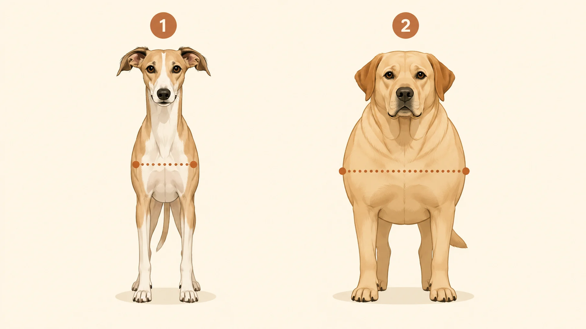 Two illustrated dogs shown side by side in front view at the same size on the page, each with a dotted measuring line around the chest. The left dog is deep chested and narrow through the ribs with a visible waist; the right dog is broad and barrel bodied with a wider dotted chest line, showing that two dogs of equal weight can need different girth sizes.