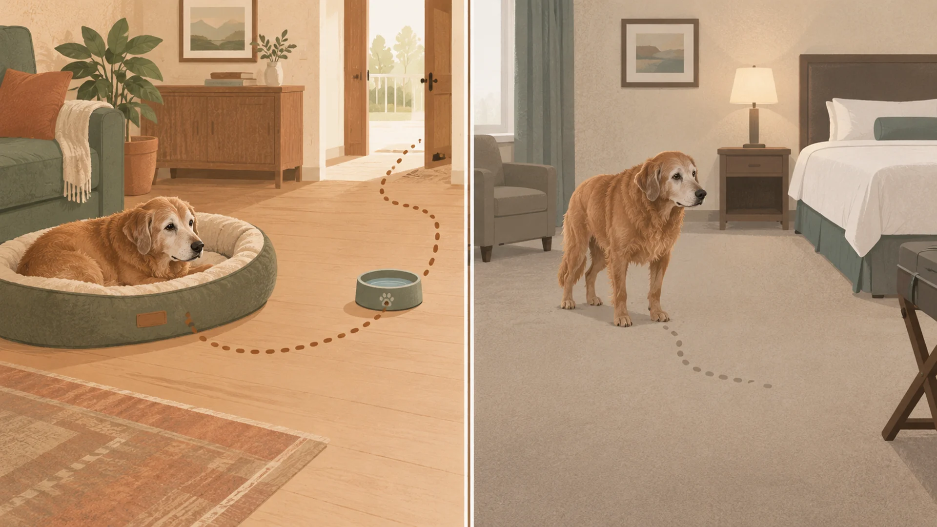 Editorial illustration in two halves: on the left an older dog resting in a familiar living room with a worn path drawn between its bed, a water bowl and a door; on the right the same dog standing uncertainly in the middle of an unfamiliar hotel room where the path is drawn as a faded broken line that stops partway.