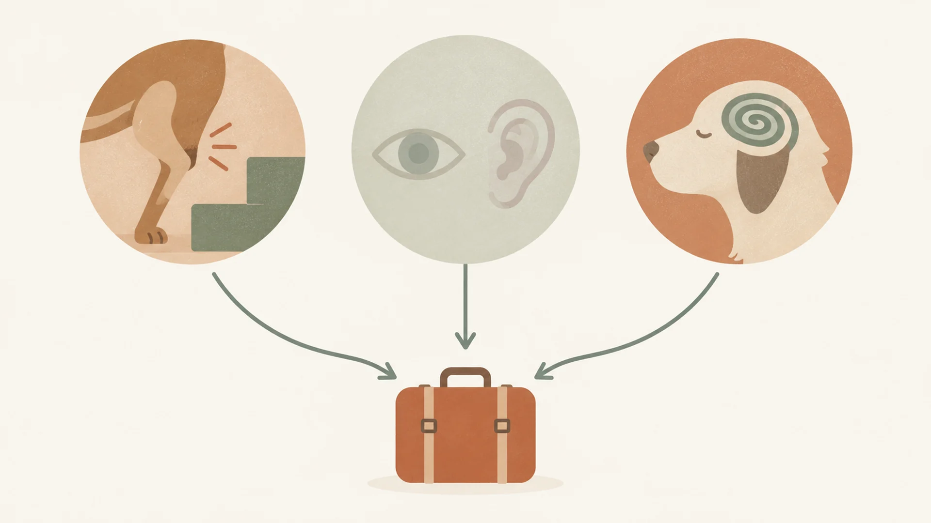 Editorial diagram of three labelled circles arranged in a row, each containing a simple pictogram: a stiff hind leg and a step for mobility, a faded eye and ear for the senses, and a spiral inside a dog's head outline for cognition, with arrows from all three converging on a single suitcase below.