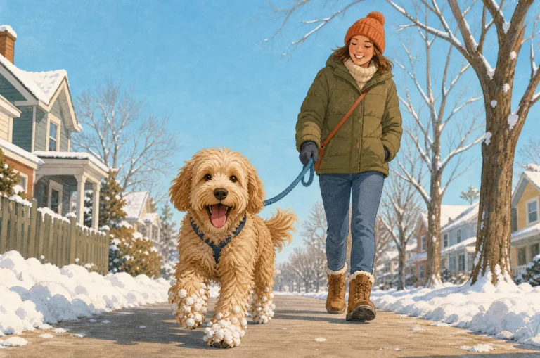 Flat illustration of a happy fluffy dog trotting along a snowy sidewalk with small snow clumps stuck to the fur on its lower legs and paws, walked by a smiling person in a winter jacket.