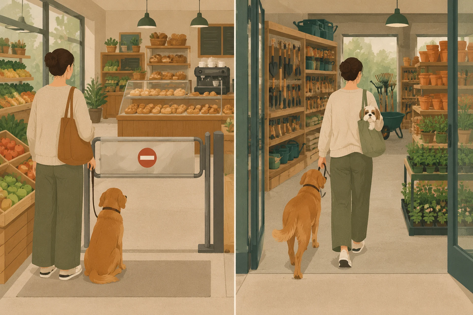 Two halves compared: on the left a grocery shop with produce crates, a bakery counter and a coffee machine, where a closed barrier stops a leashed dog at the entrance; on the right a hardware and garden shop where the same entrance stands open and a leashed dog and a dog riding in a shoulder tote both walk in.