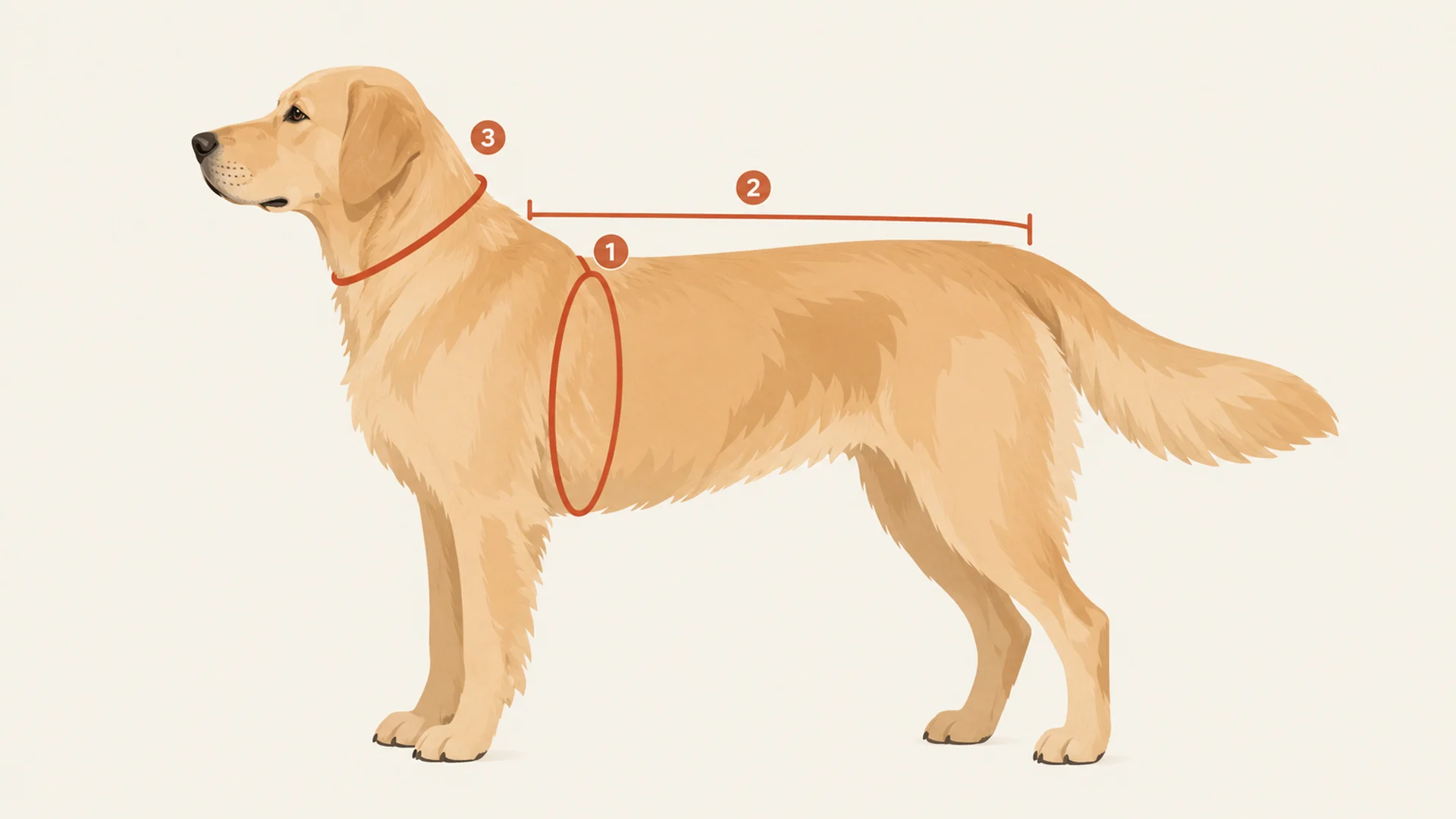 Side-view diagram of a large standing dog with three measurement lines marked by circled numbers: a circled 1 around the deepest part of the rib cage just behind the front legs for chest girth, a circled 2 running along the spine from the base of the neck to the base of the tail for back length, and a circled 3 around the base of the neck.