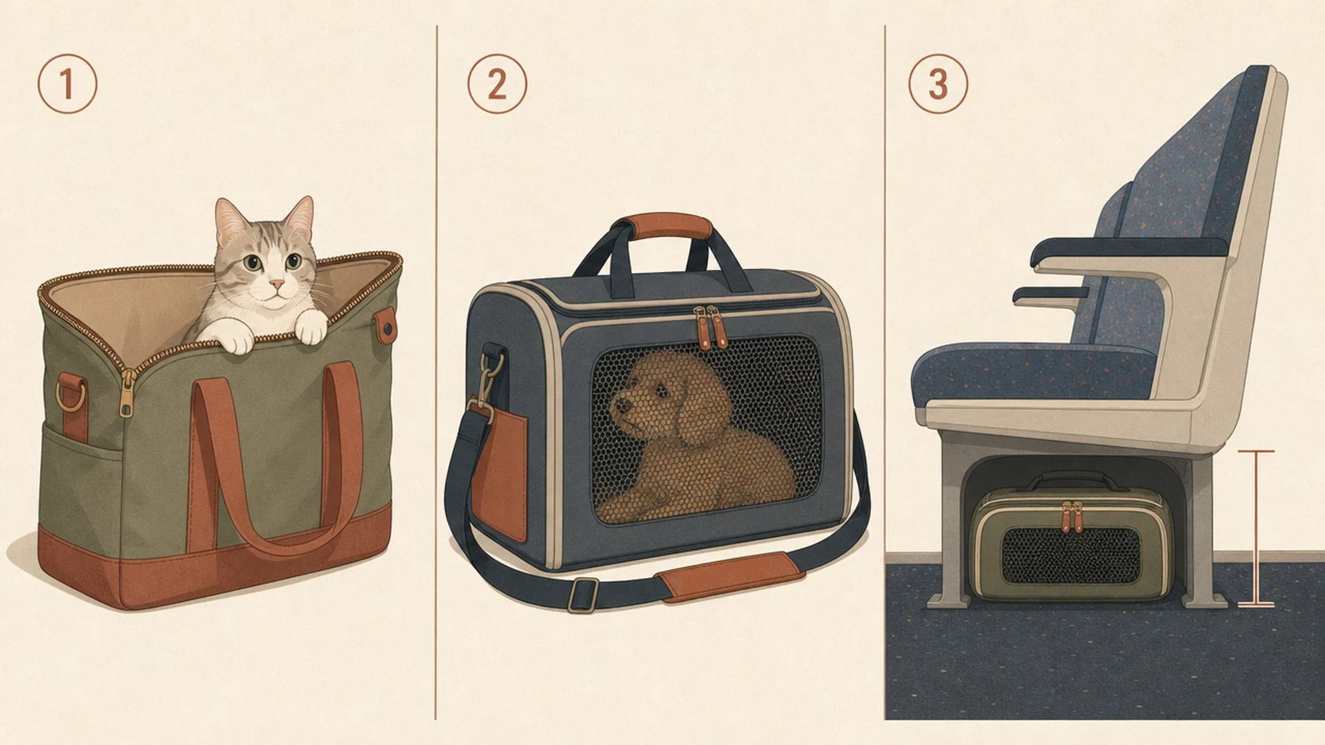 Three panels numbered one to three: an open canvas tote bag with a cat looking out over the unzipped rim, a fully closed structured pet carrier with a mesh window and a shoulder strap holding a small dog, and a side view of a transit bench seat with a low closed carrier tucked into the space underneath it beside a marked height bracket.