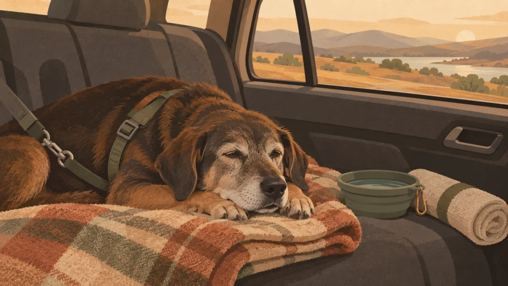 An older dog with a greying muzzle resting on a folded blanket on a car back seat, wearing a clipped safety harness, with a water bowl beside it and a warm landscape through the window.