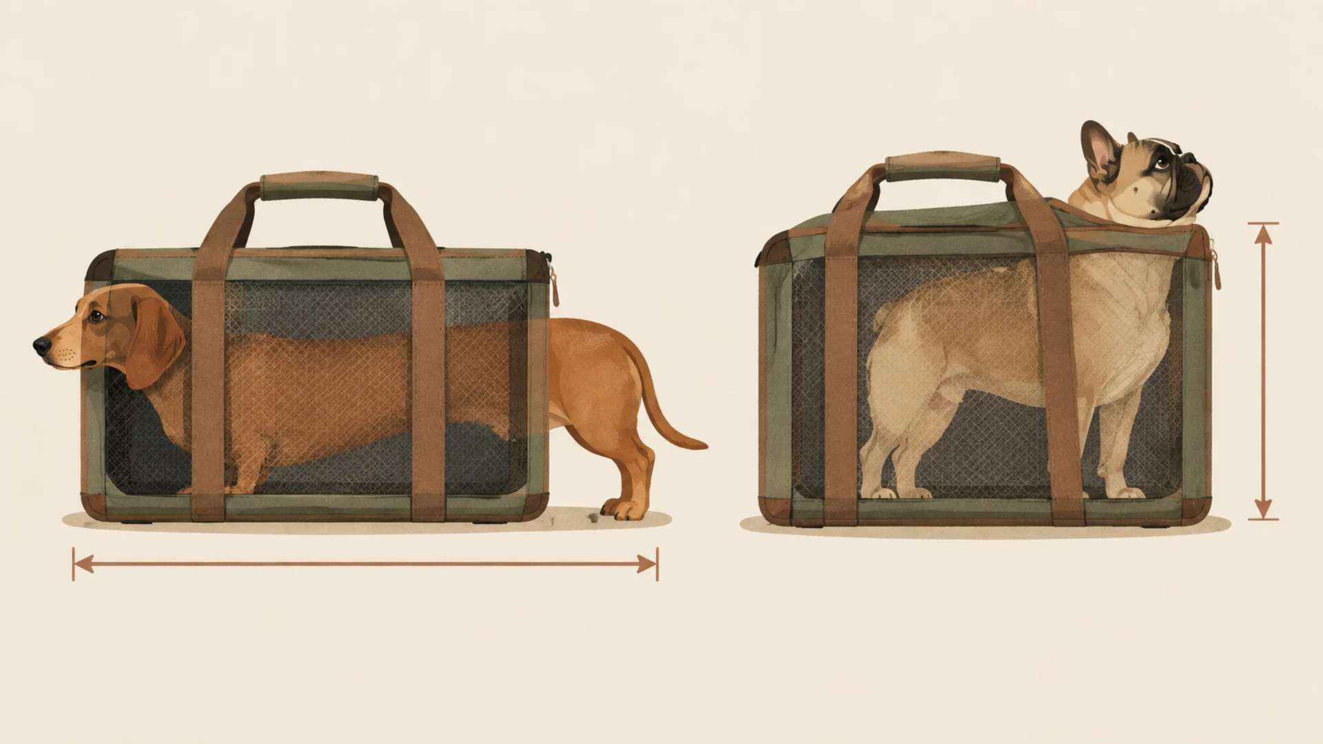 Editorial illustration of two dogs of the same weight beside identical soft-sided carriers: on the left a long low-slung dog whose body extends past the length of the carrier floor, on the right a short compact stocky dog whose head presses against the top of the same carrier.