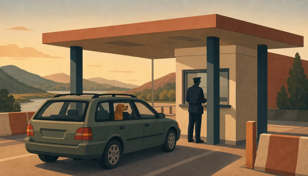 Flat editorial illustration of a car waiting at a land border inspection booth at late afternoon, a calm golden-brown dog sitting upright on the back seat and looking out of the open rear window while a uniformed officer stands at the booth window.