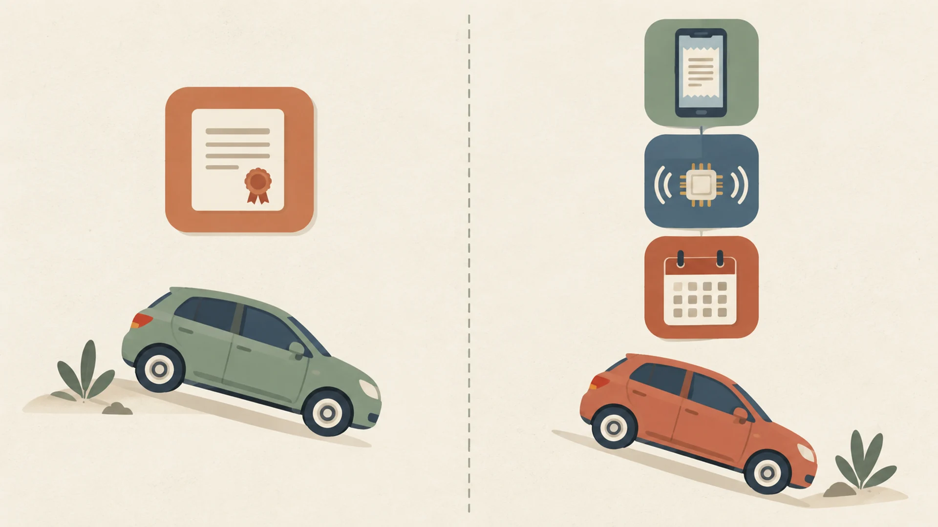 Flat editorial diagram split down the middle by a dashed line: on the left a car under a single certificate icon carrying a stamp seal, and on the right a second car under three stacked icons showing a phone displaying a receipt, a microchip emitting radio waves, and a calendar page.