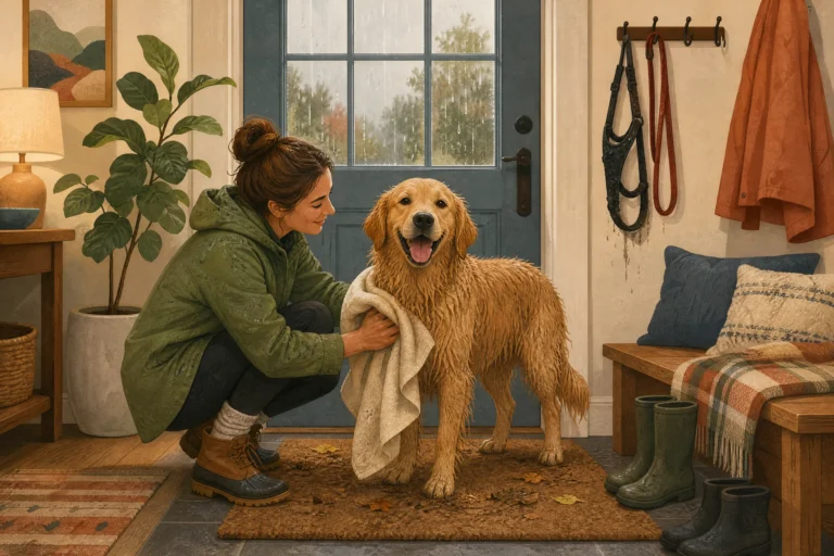 Illustration of a person towel-drying a damp golden retriever on a doormat just inside the front door after a rainy walk.