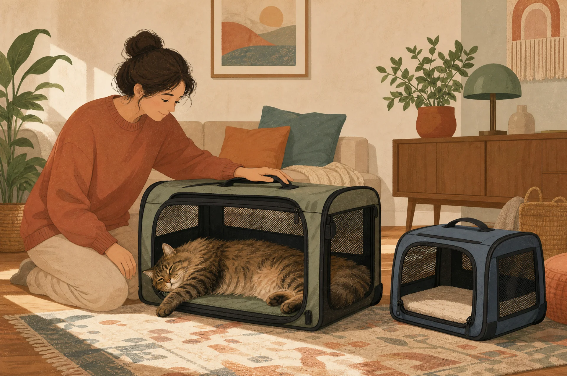 On a living room floor in warm light, a large fluffy long-haired tabby cat lies fully stretched out in an open soft-sided mesh carrier, while a smaller empty carrier sits beside it, clearly too small for this cat; a person kneels nearby with a hand resting on the larger carrier