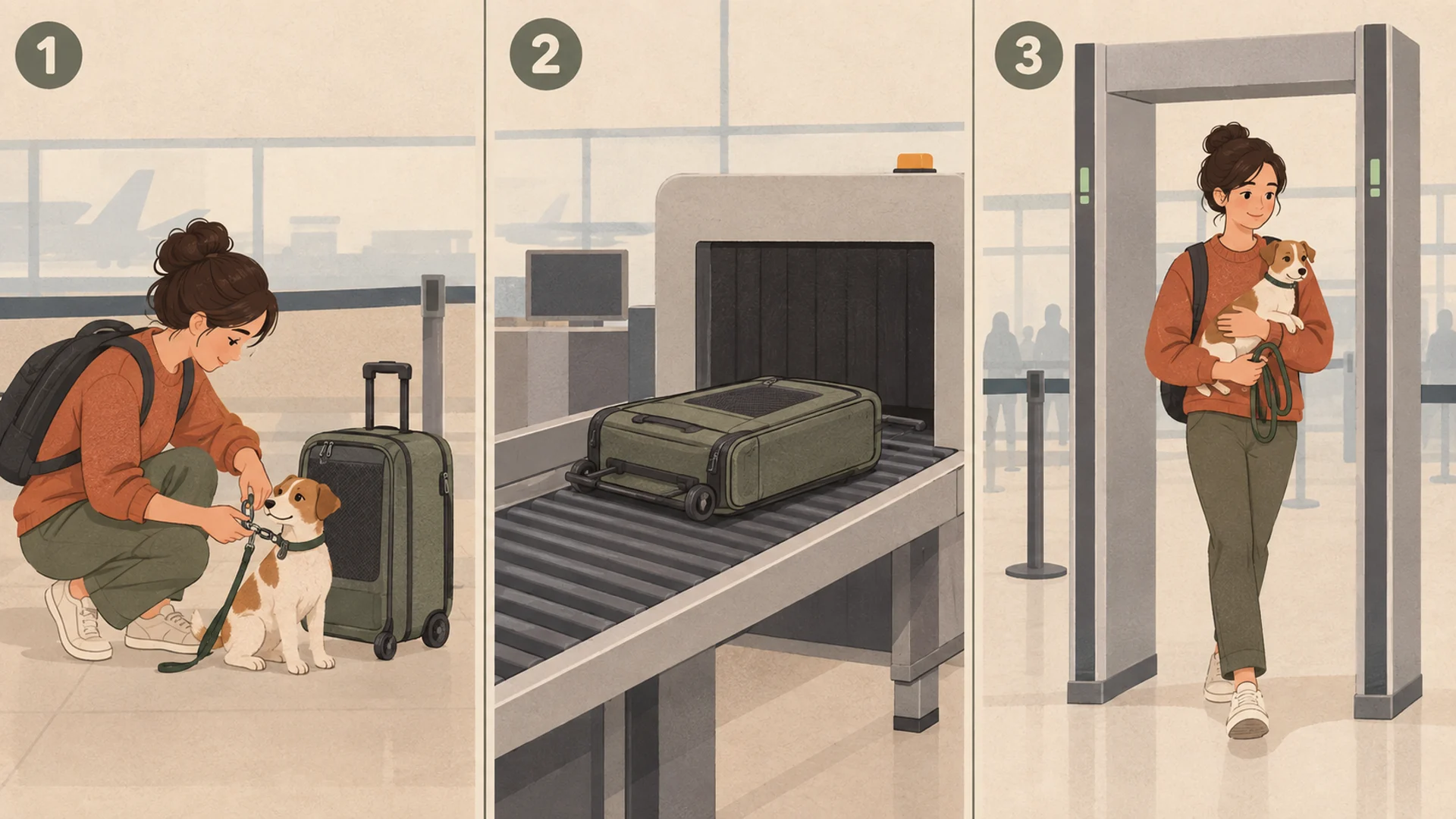 Three-panel illustration of an airport security checkpoint: a traveller clips a leash onto a small dog beside an upright wheeled soft-sided carrier, the empty wheeled carrier then rides a conveyor belt into the X-ray tunnel, and finally the traveller carries the dog in both arms through a walk-through metal detector.