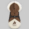 Brown padded hooded dog vest with cream fur trim and built-in harness, back view on light grey