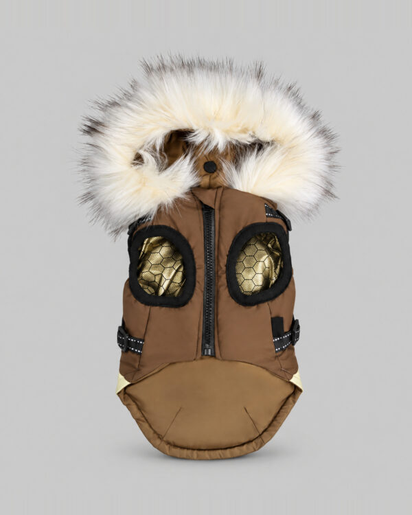 Front of the brown padded vest laid flat: centre zip, two black-bound armholes and a round belly flap