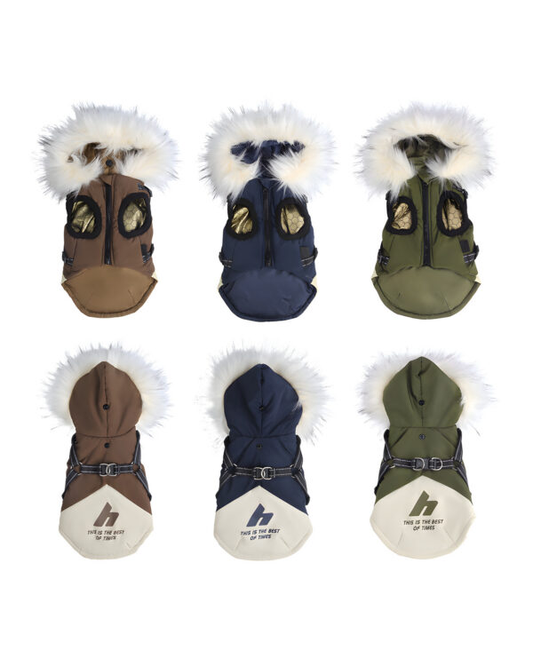 The padded hooded vest in brown, navy and olive, front and back views side by side