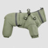 Sage green four-leg padded dog suit with integrated harness on a light gray background.