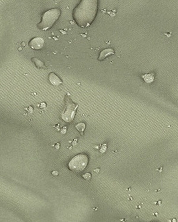 Water beads sit on the sage green outer fabric.