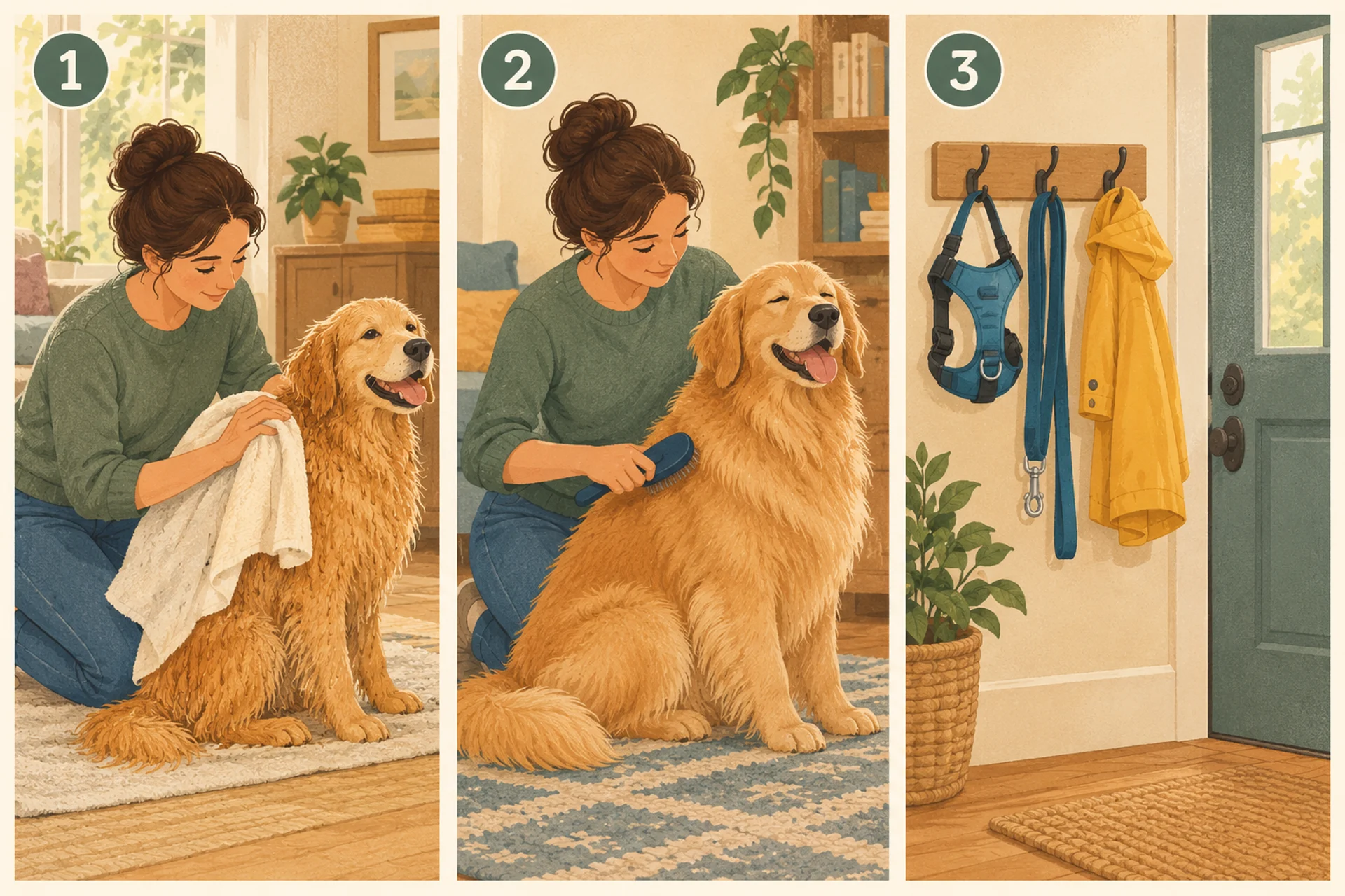 Flat editorial step illustration in three panels: a person pressing a towel into a happy thick-coated dog's back marked with circled number one, the same person brushing out the dry coat marked with circled number two, and a wet harness hung on a hook by the door marked with circled number three.