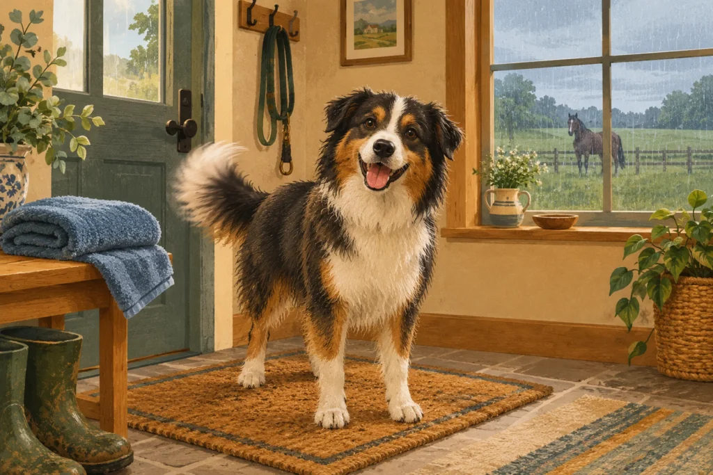 Flat editorial illustration of a cheerful, freshly towelled dog standing on a doormat inside a warm entryway after a rainy walk, with a horse in a wet field visible through the window behind it.
