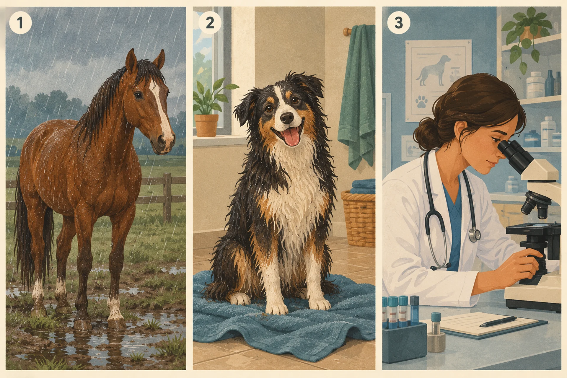 Three-panel flat editorial diagram: a horse standing in a rainy muddy field marked with circled number one, a damp thick-coated dog on a towel indoors marked with circled number two, and a veterinarian looking through a microscope marked with circled number three.