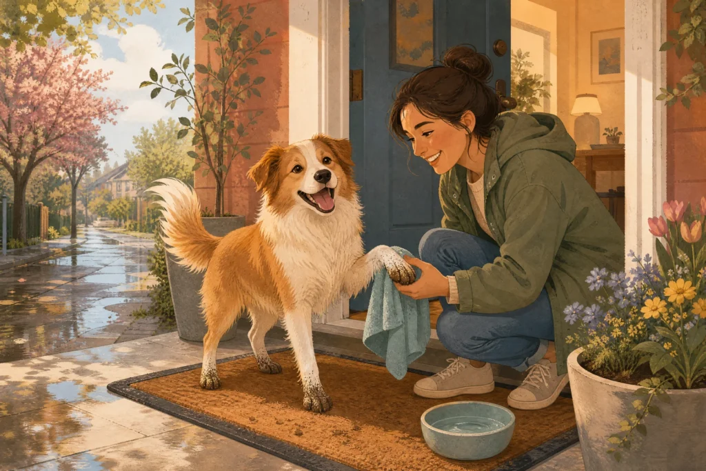 Illustration of a happy, dry dog with muddy paws on a doormat after rain while its owner wipes a front paw with a towel