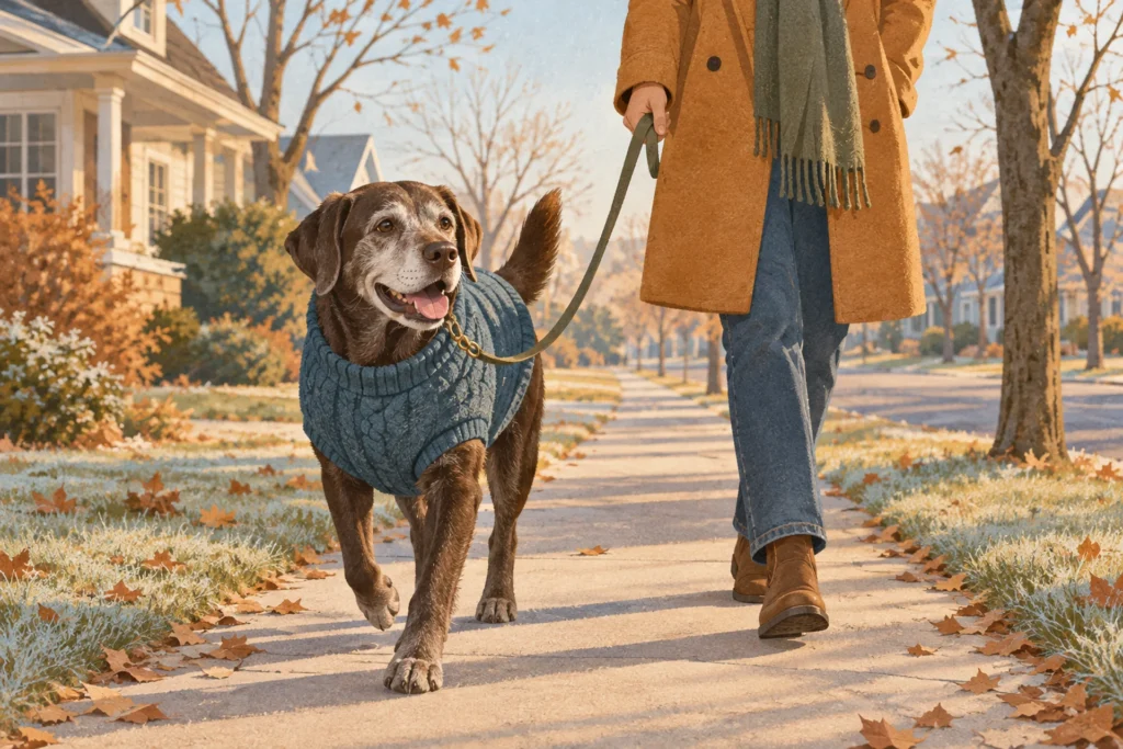 Flat illustration of a happy grey-muzzled senior dog in a knit sweater trotting beside its owner on a dry, sunny late-autumn sidewalk