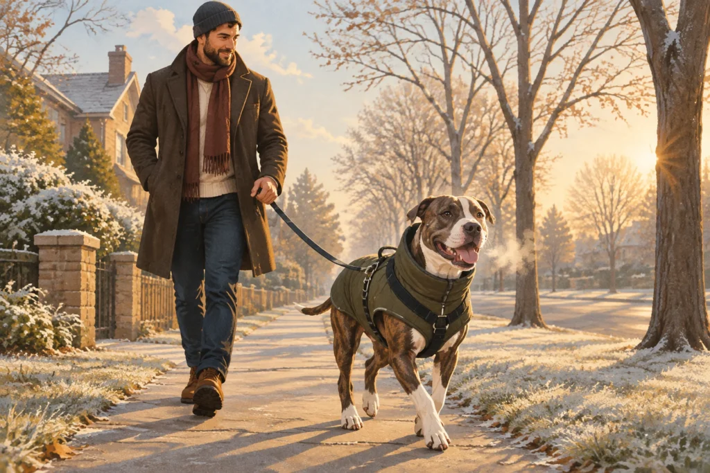 Flat editorial illustration of a muscular brindle-and-white pit bull type dog in a fitted insulated jacket trotting beside its owner on a frosty sunny sidewalk