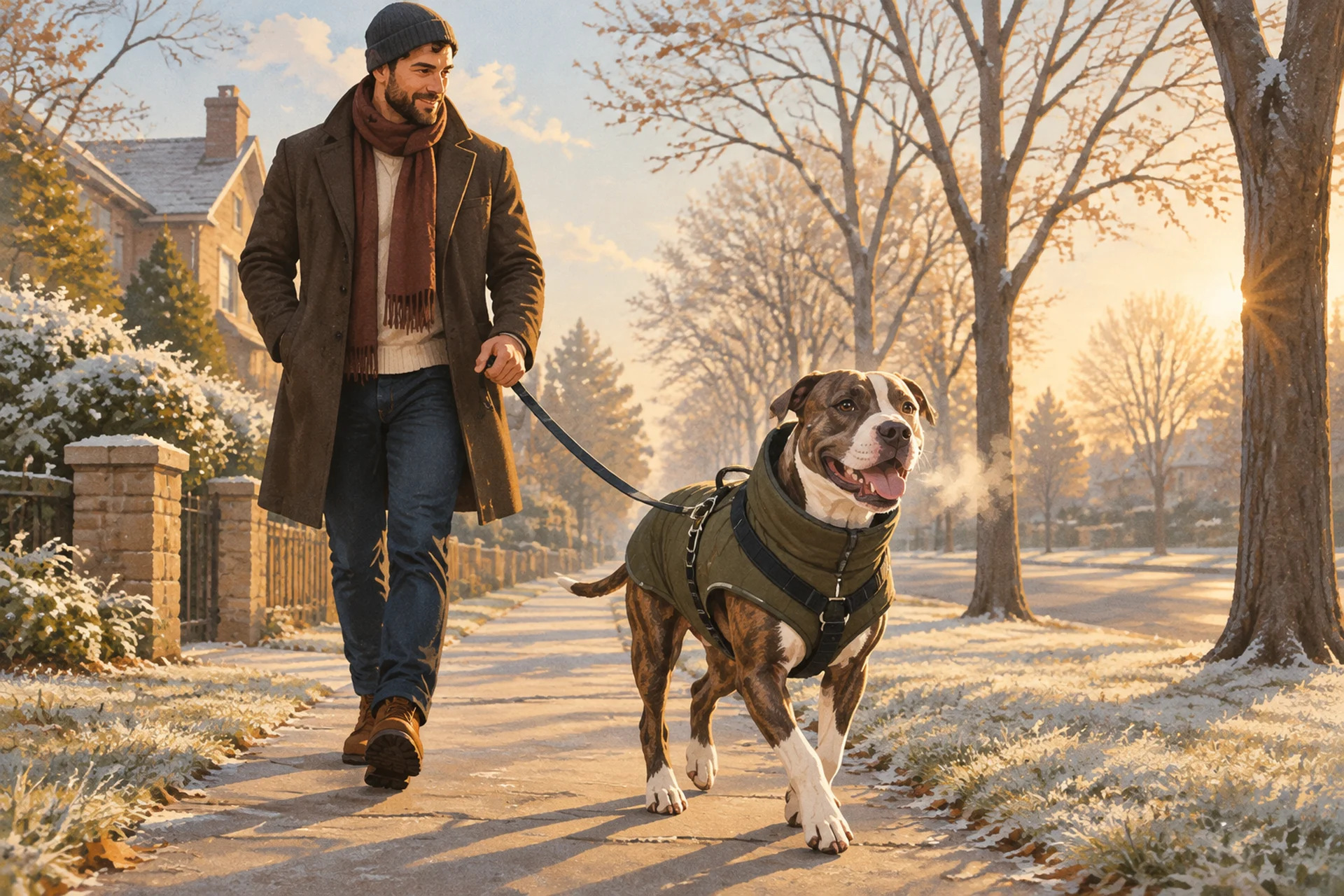 Flat editorial illustration of a sunny, frosty early-winter morning on a neighborhood sidewalk: a happy, muscular brindle-and-white pit bull type dog in a snug insulated jacket with a high collar trots beside its owner, who wears a wool coat and scarf.