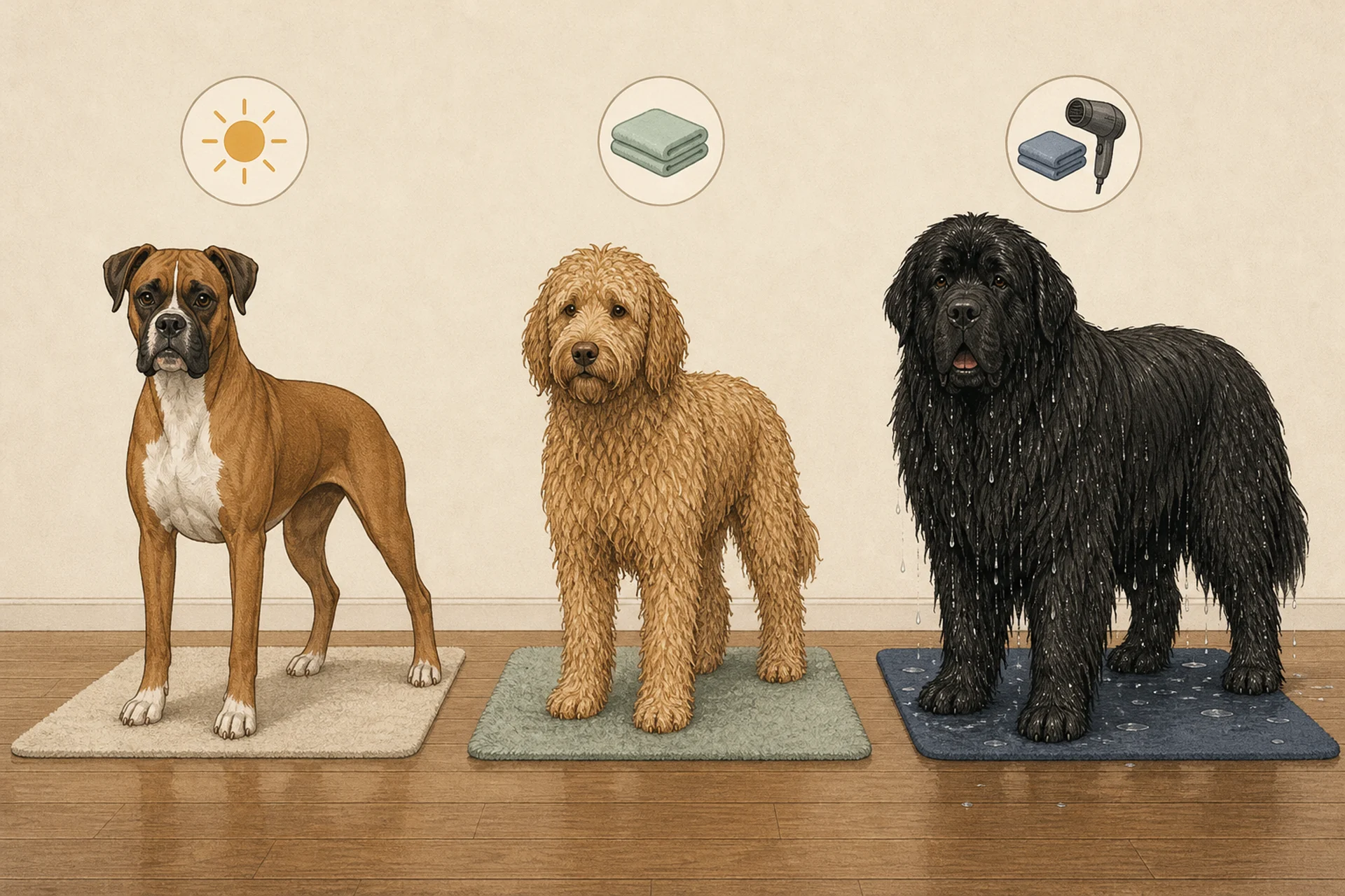 Editorial illustration of three wet dogs side by side indoors after rain: a short-coated dog that is almost dry, a curly long-coated dog with damp curls, and a large thick double-coated dog with a soaked coat, with small icons above showing air, a towel, and a towel plus dryer.