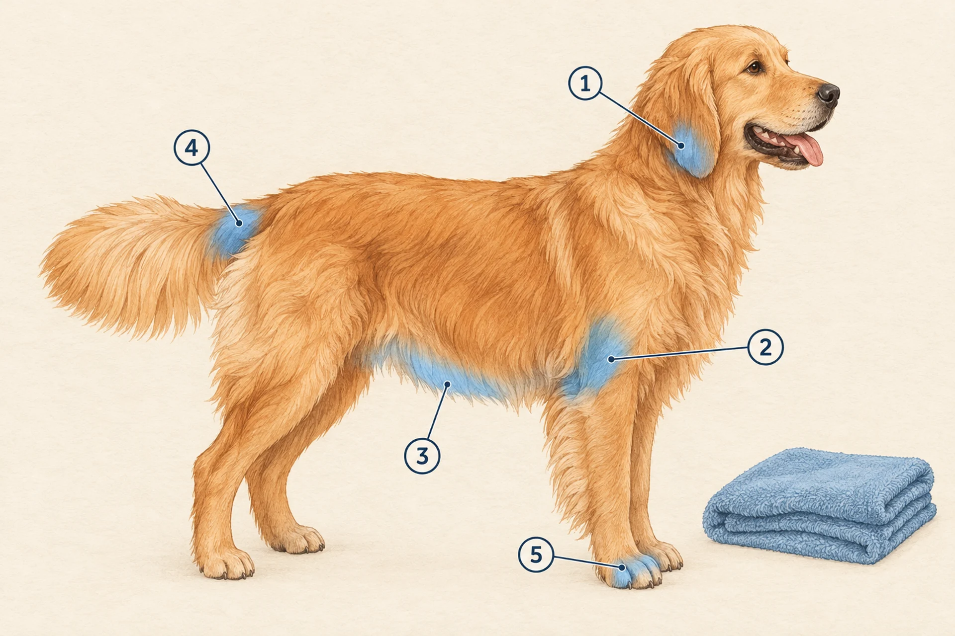 Side-view diagram of a long-coated dog with five numbered markers on the areas that stay damp longest after rain: under the ear, the armpit, the belly, the tail base, and between the toes of a front paw.
