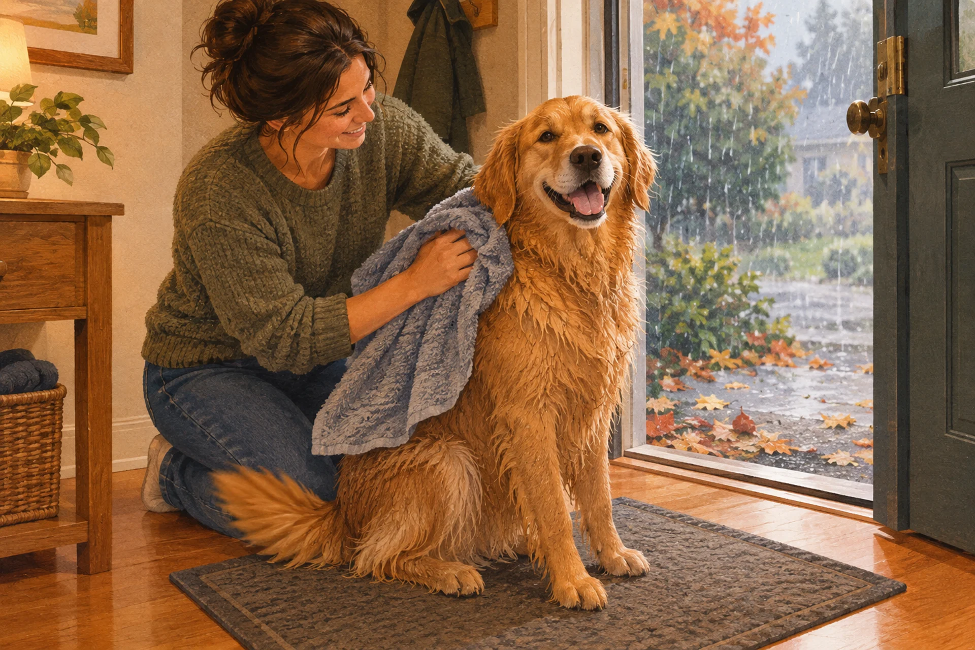 Flat editorial illustration of a happy golden retriever with a damp coat sitting on a mat inside a front door after a rainy walk while a person presses a thick towel into the coat on its back.