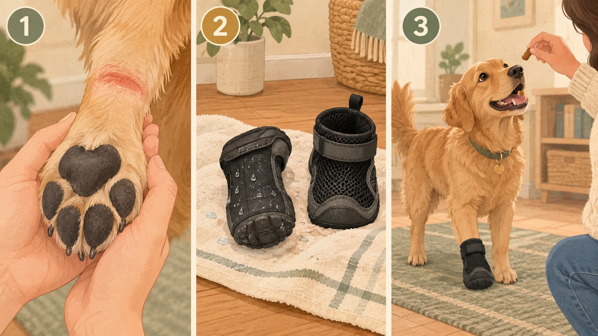 Three-panel diagram. Panel one: a person holding a dog's paw, showing healthy pads and a faint red rub mark on the leg where a boot strap sat. Panel two: a wet rubber-soled boot drying upside down on a towel next to an open mesh boot. Panel three: a dog standing on an indoor rug in a single boot while its owner offers a treat.