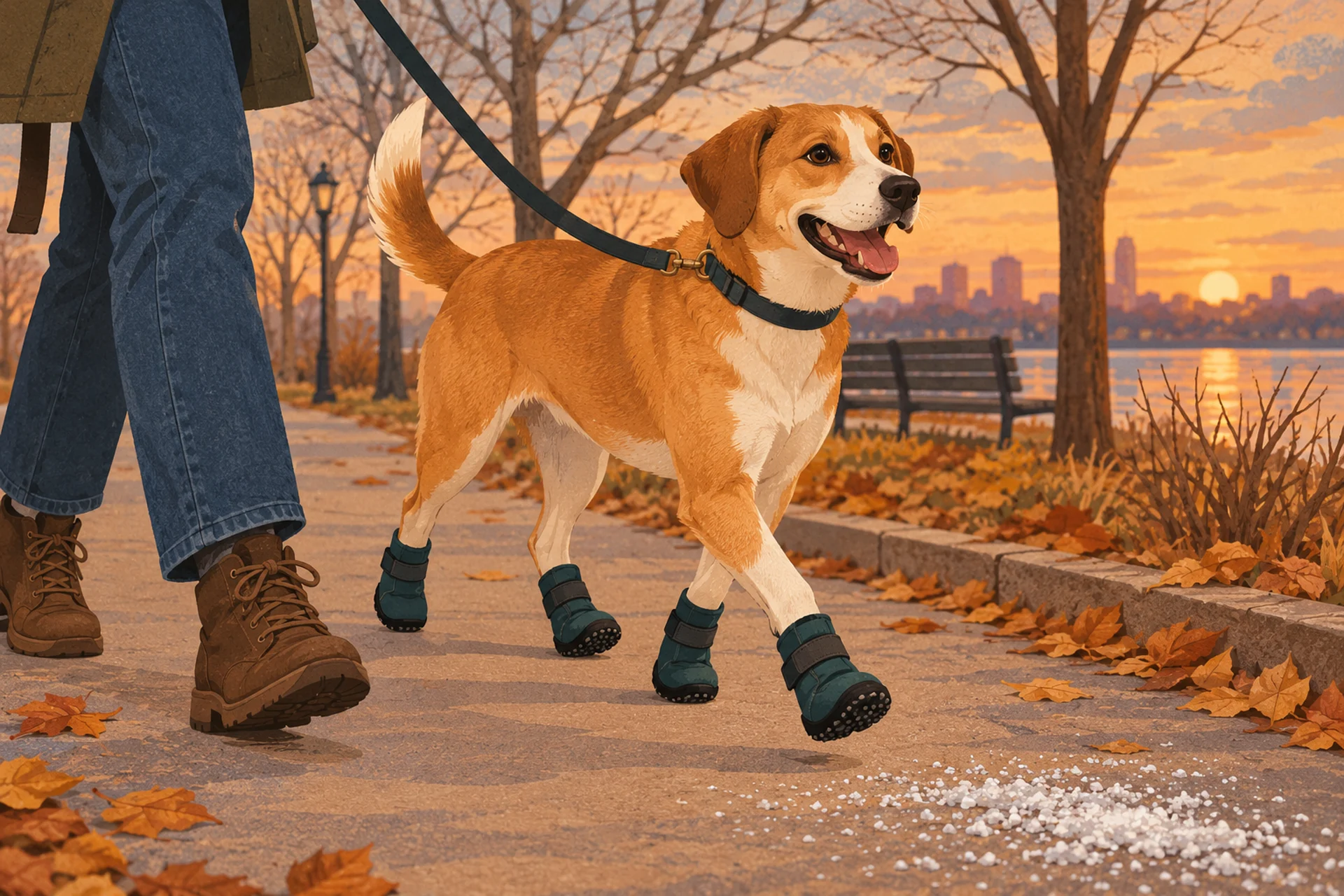Flat editorial illustration of a happy short-coated dog trotting on a dry late-autumn sidewalk at sunset, wearing four grippy fabric boots on a loose leash beside its owner, with fallen leaves along the curb and a patch of white de-icing salt on the path ahead.