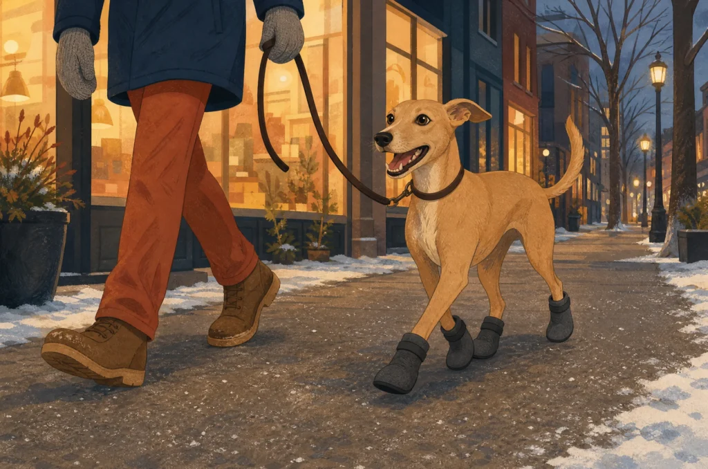 Illustration of a cheerful short-haired tan dog wearing four dark grey boots, trotting on a leash beside its owner along a cleared city sidewalk scattered with salt crystals, with old snow along the edges and warm shop windows behind