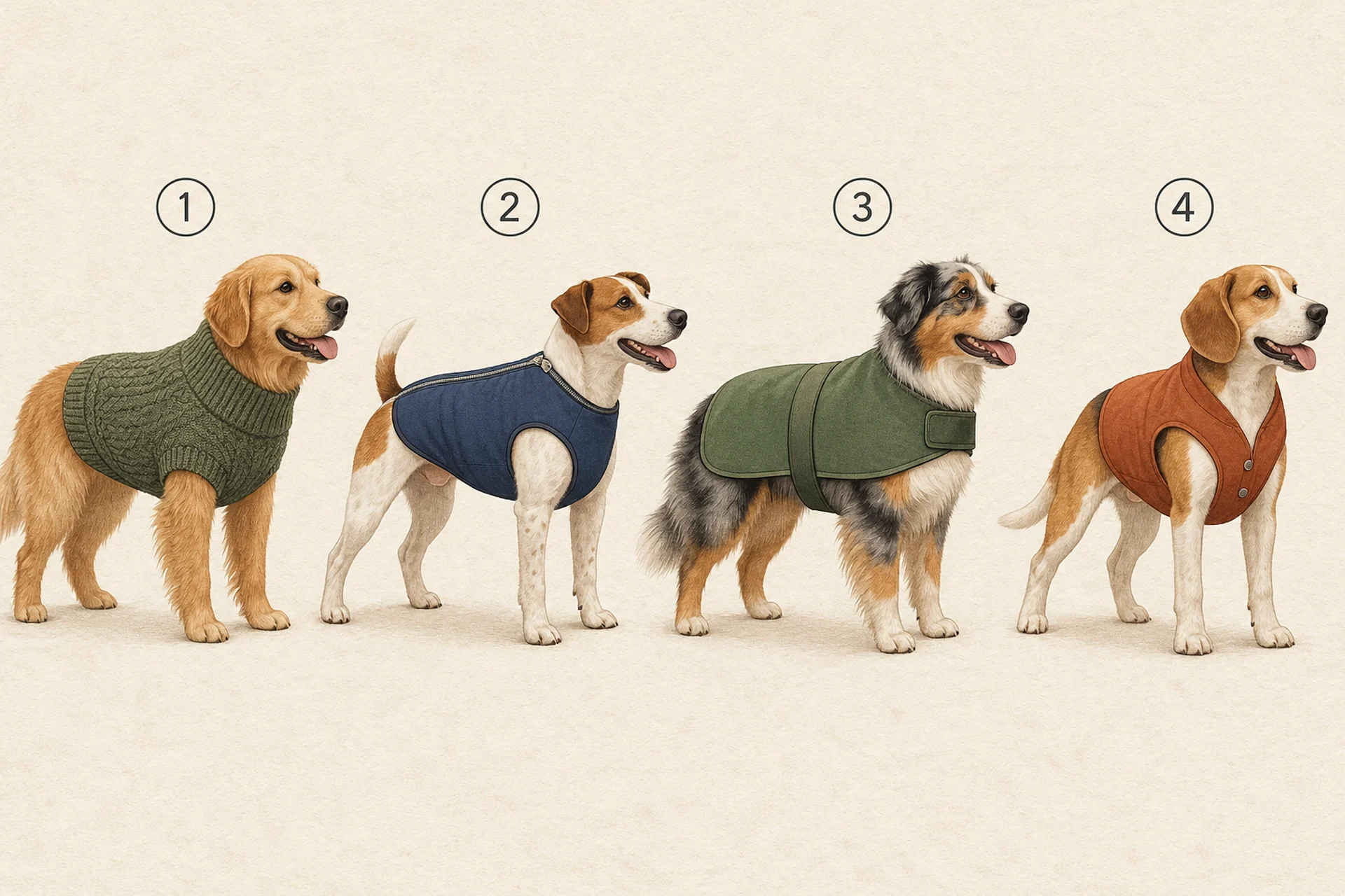 Editorial illustration of four dogs in a row, numbered one to four, each wearing a different coat design: a pullover sweater with a closed neck, a step-in coat that zips along the back, a wrap coat with a belly strap, and a sleeveless vest that fastens down the chest.