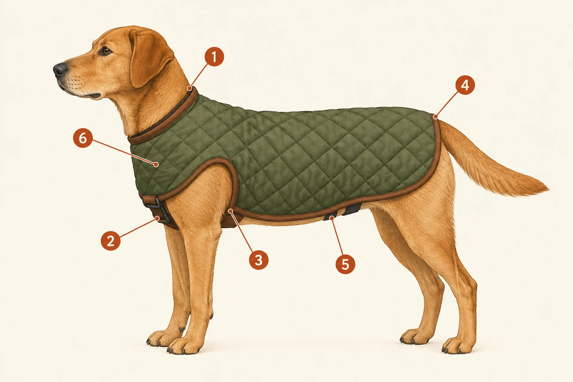 Side-view illustration of a calm short-coated dog standing in a fitted quilted coat on a cream background, with six small circled numbers and leader lines pointing to the neck opening, the chest strap, the armpit behind the front leg, the end of the coat at the base of the tail, the belly edge in front of the hind legs, and the shoulder.
