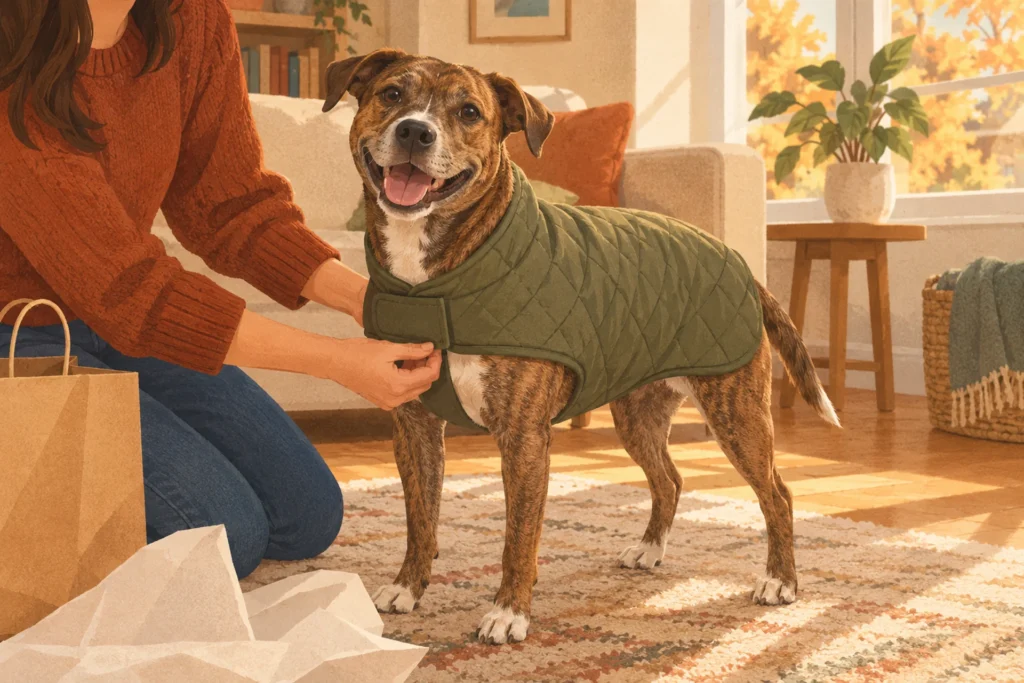 Flat editorial illustration of a smiling brindle dog standing on a living room rug in a new olive quilted coat while its owner kneels and slides two fingers under the chest strap to check the fit