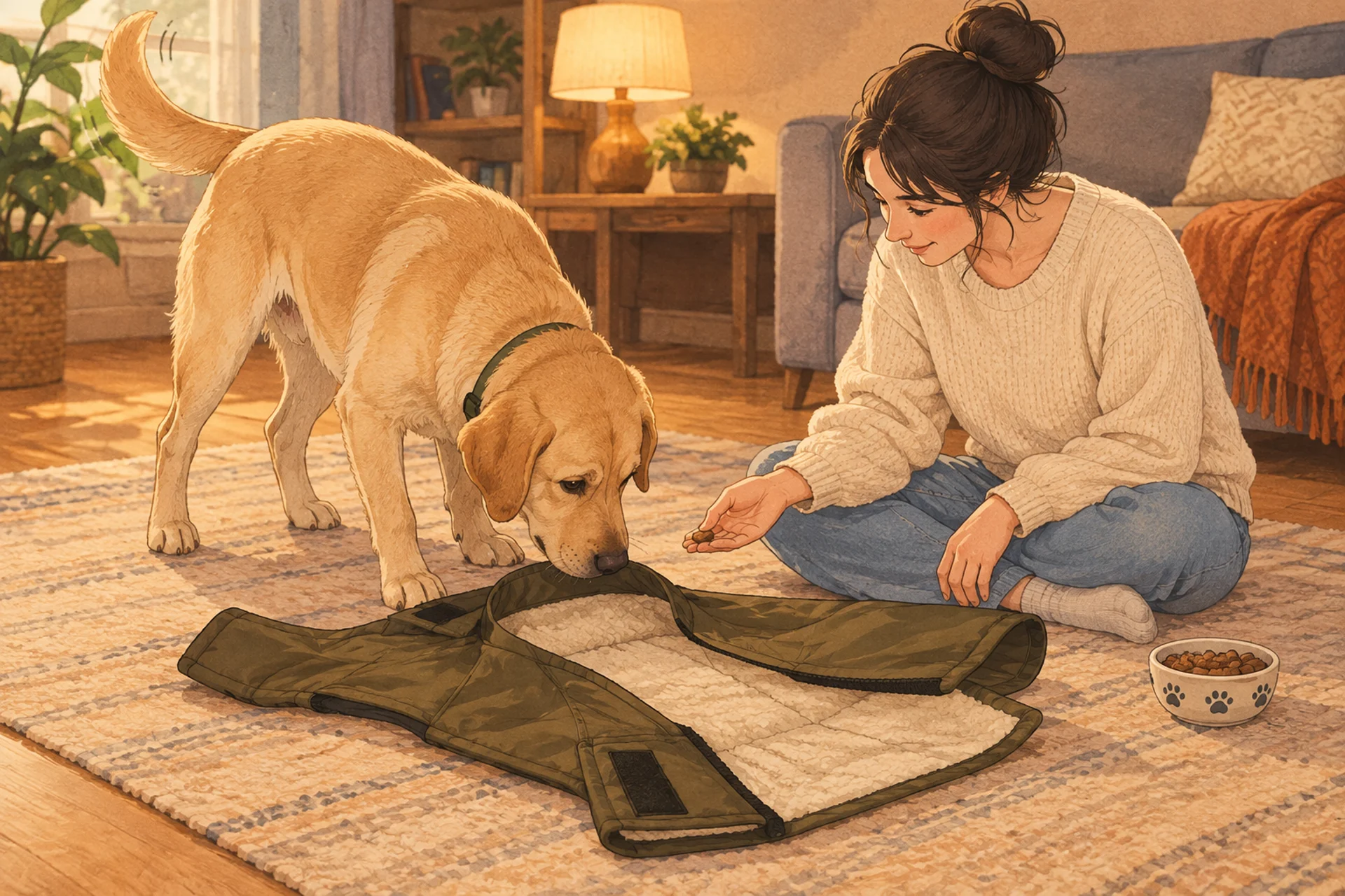 Editorial illustration of a relaxed large dog sniffing a dog coat that lies opened flat on a living-room rug while a person sits nearby on the floor offering a treat.