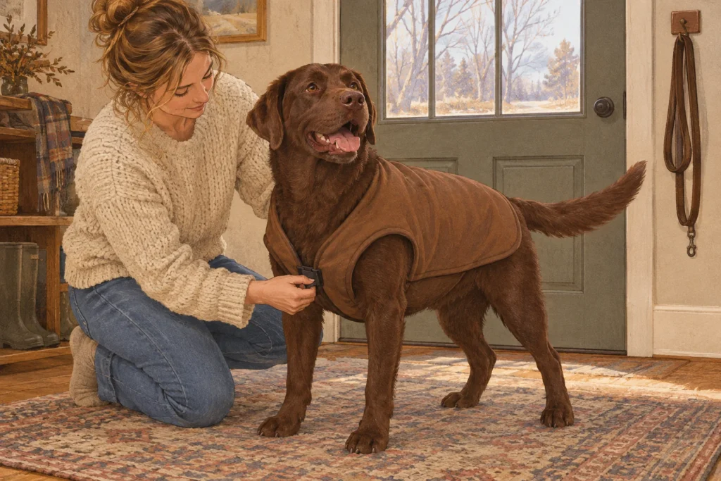 Illustration of a relaxed chocolate Labrador standing by a front door while a person fastens a vest that closes around its body, leaving the head free