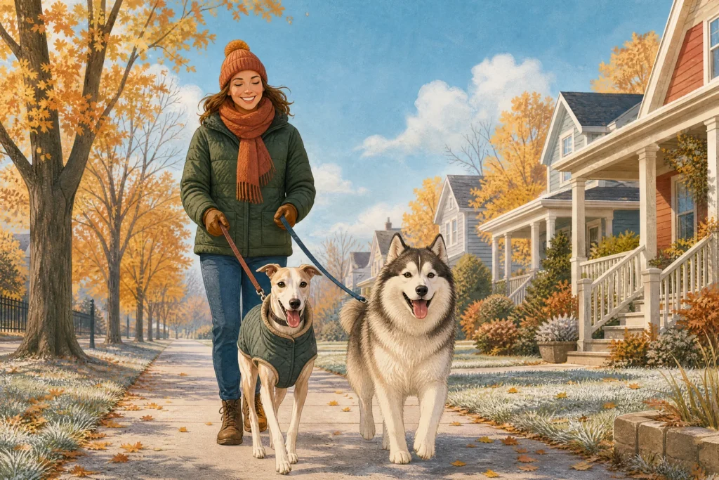 Flat editorial illustration of a crisp, sunny autumn morning on a frosty neighborhood sidewalk: a smiling woman in a hat and scarf walks two happy dogs, a slim short-coated whippet wearing a quilted dog coat and a fluffy thick-coated husky-type dog wearing nothing.
