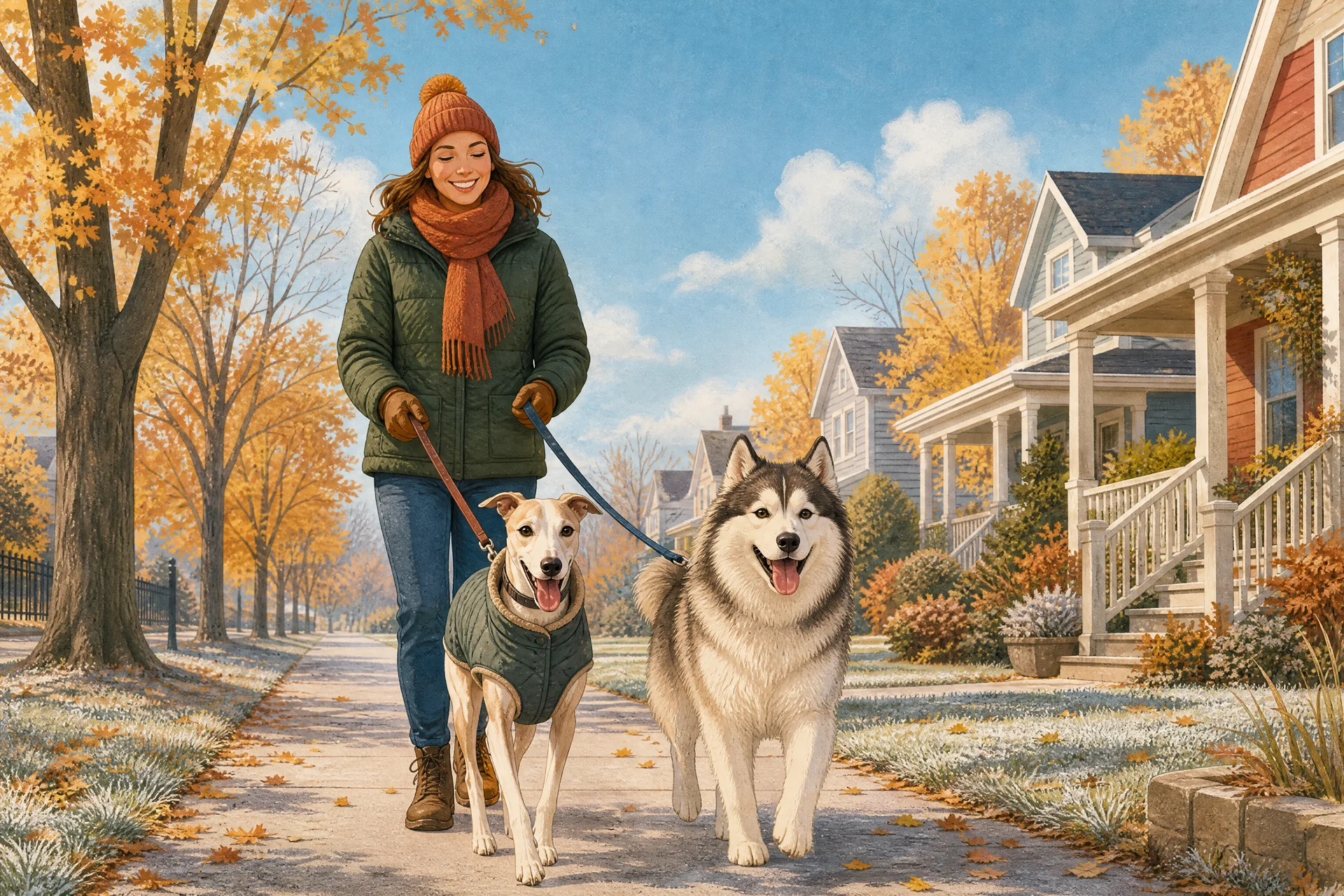 Flat editorial illustration of a crisp, sunny autumn morning on a frosty neighborhood sidewalk: a smiling woman in a hat and scarf walks two happy dogs, a slim short-coated whippet wearing a quilted dog coat and a fluffy thick-coated husky-type dog wearing nothing.