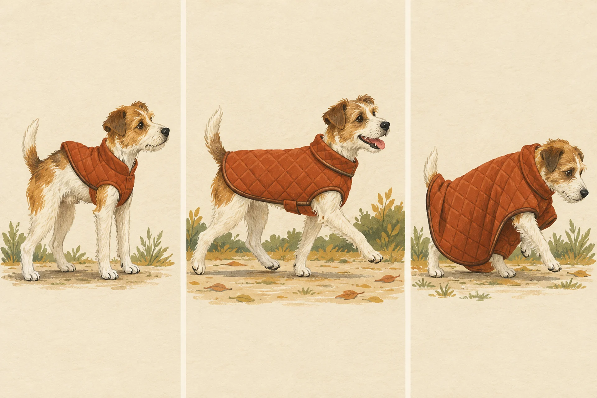 Three side-by-side illustrations of the same small terrier-type dog in a rust quilted coat. On the left the coat is too small, riding up the back and pinching behind the front legs while the dog stands stiffly. In the middle the coat fits, running from neck to tail base while the dog trots happily. On the right the coat is far too big, sagging under the belly and drooping past the tail as the dog stumbles.