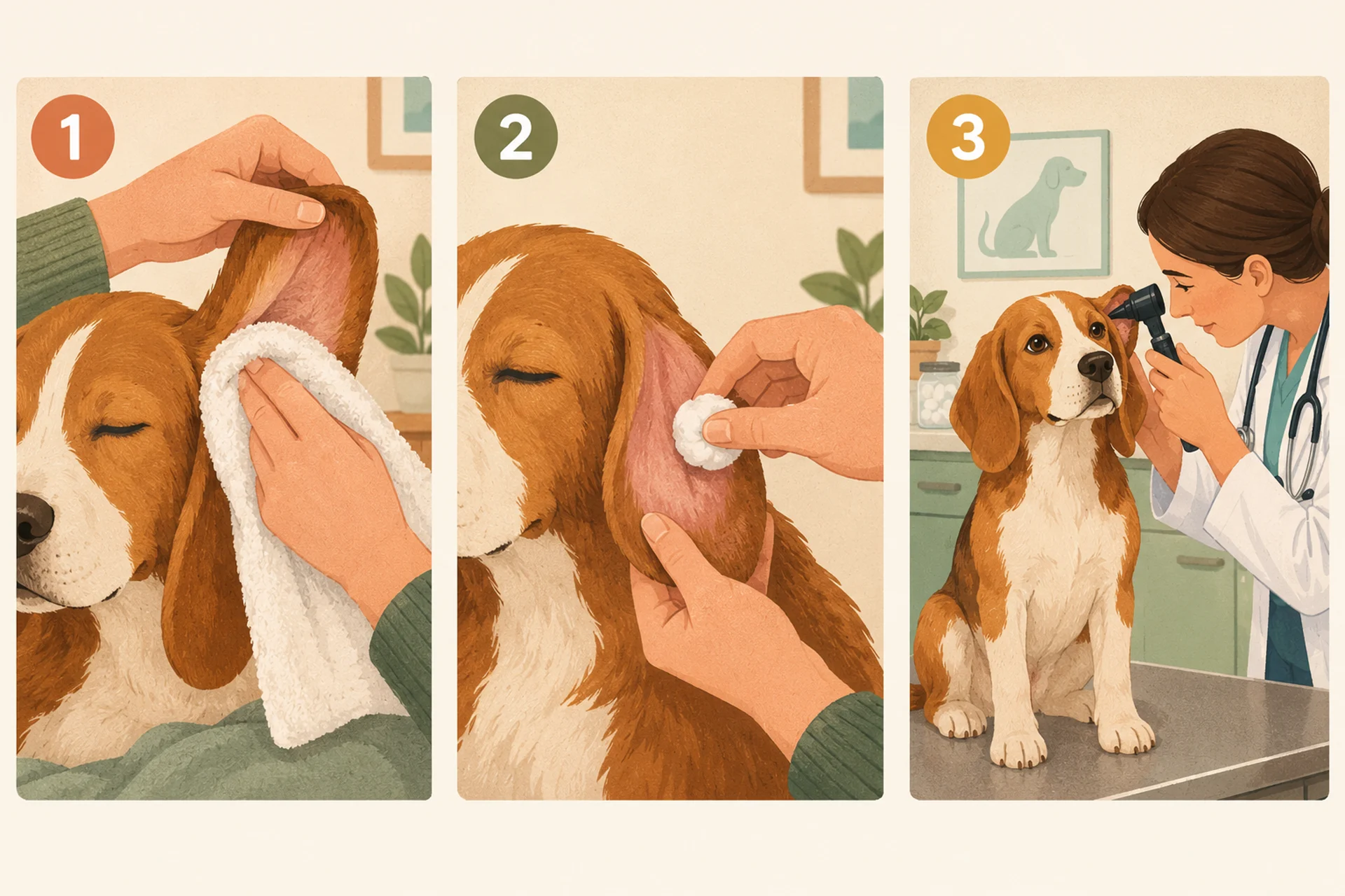 Three-panel illustration: patting the inner ear flap dry with a towel, wiping the visible flap with a cotton ball, and a veterinarian checking a dog ear with an otoscope.