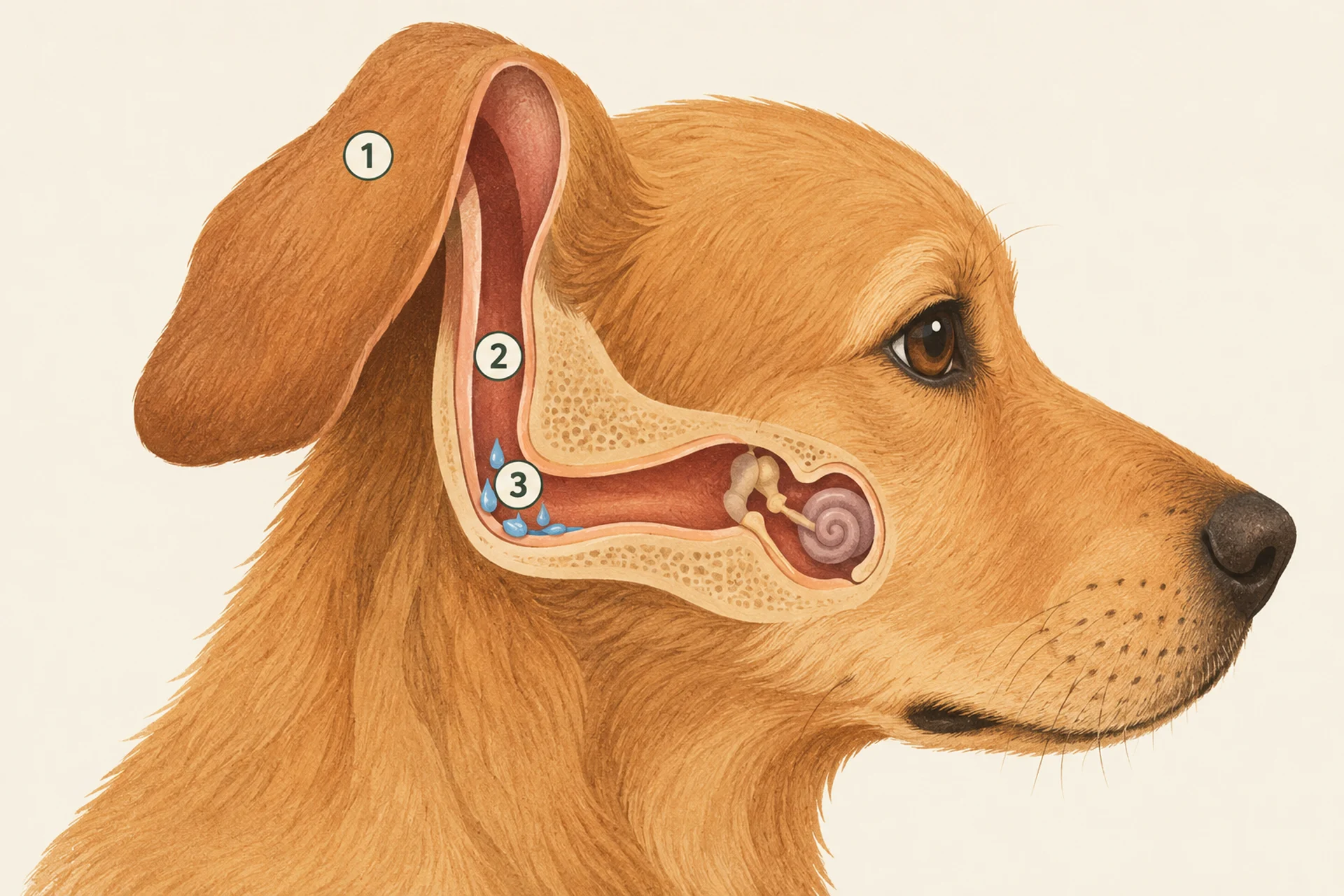 Cutaway illustration of a dog head showing the L-shaped ear canal inside a floppy ear, with water droplets collecting at the bend.